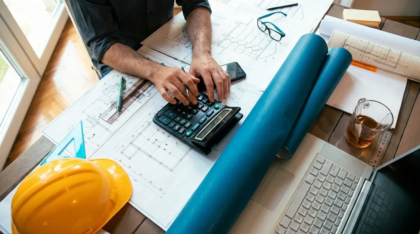 Plans de chantier, calculatrice et casque posés sur un bureau