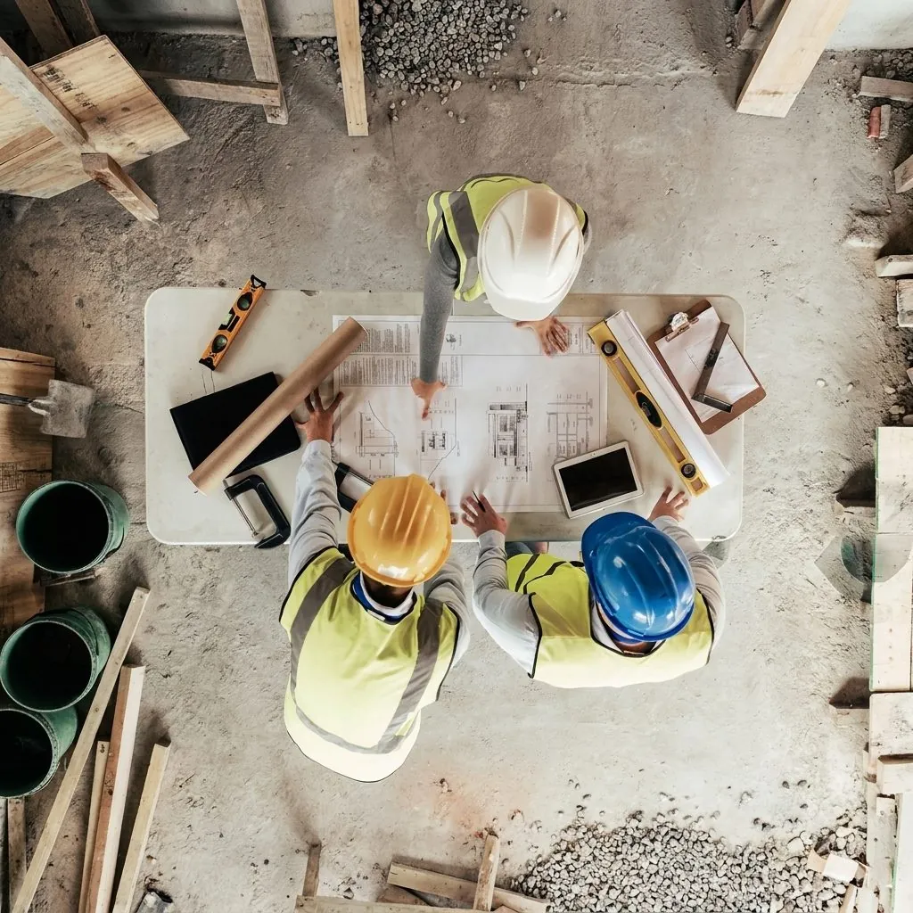 Trois professionnels du bâtiment autour de plans sur un chantier